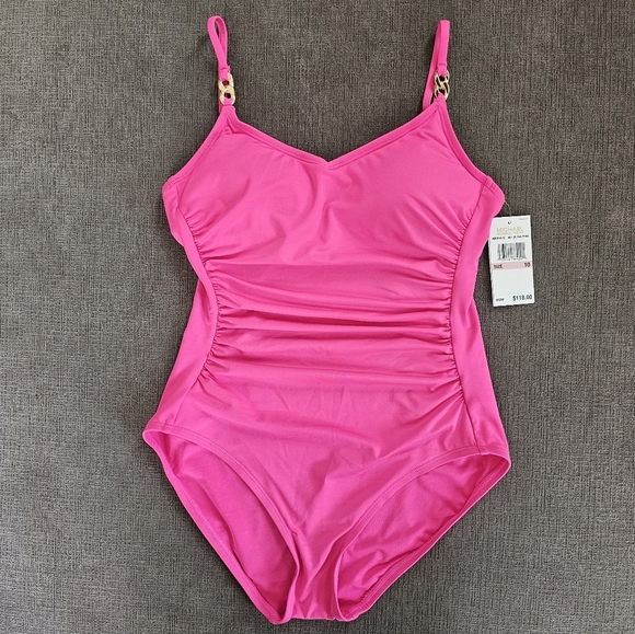 NWT Michael Kors pink w gold MK Chain link Over the Shoulder One Piece Size 10 - Picture 1 of 13